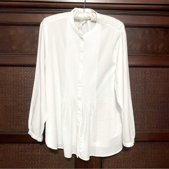 Uniqlo White Rayon Pintuck Long Sleeve Blouse‎ Size XL Office Classic Work - Picture 2 of 9